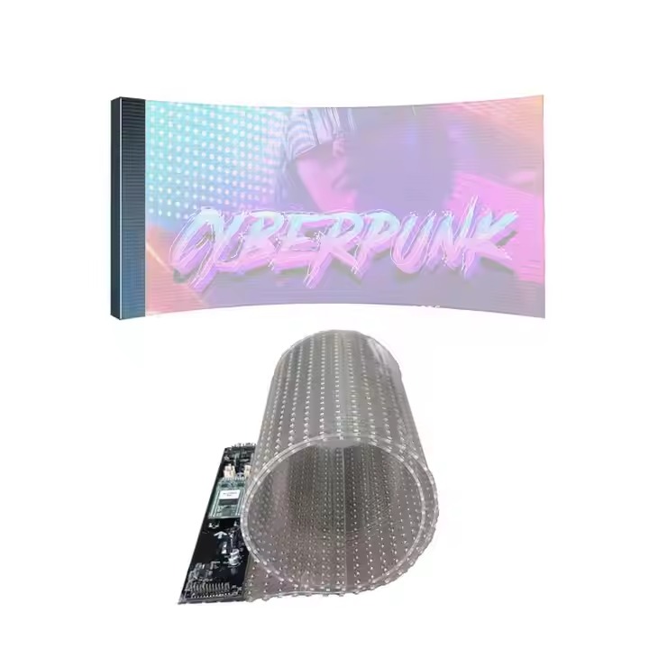 Film LED transparent souple : panneau courbe en fonctionnement et module enroulé avec sa carte de pilotage
